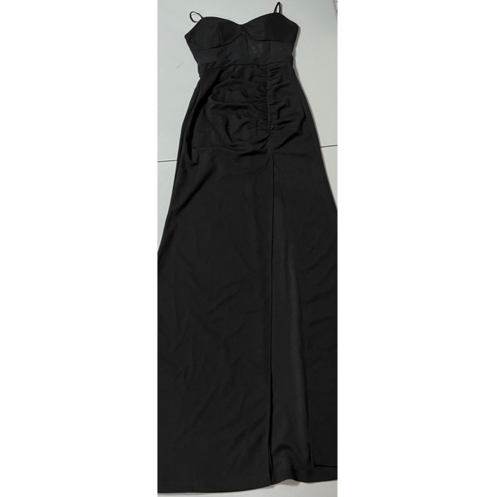 Windsor Black Mesh Corset Caging Ruched Split-Leg Prom Gown Maxi Dress Size S 🖤